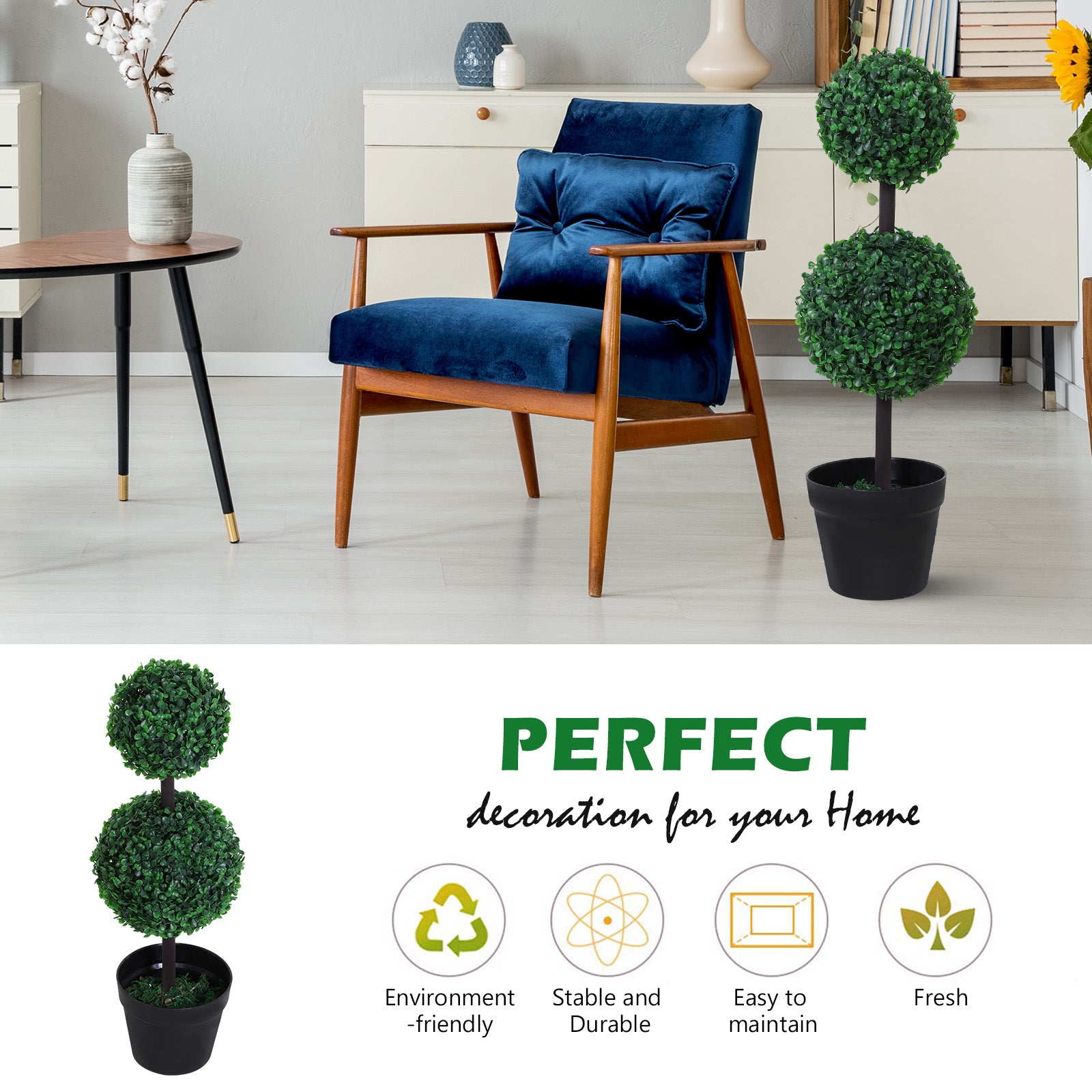 2 Ball Topiary Tree in Pot for Home Decor, Artificial Plant for Home Office, Living Room Decor, Dark Green