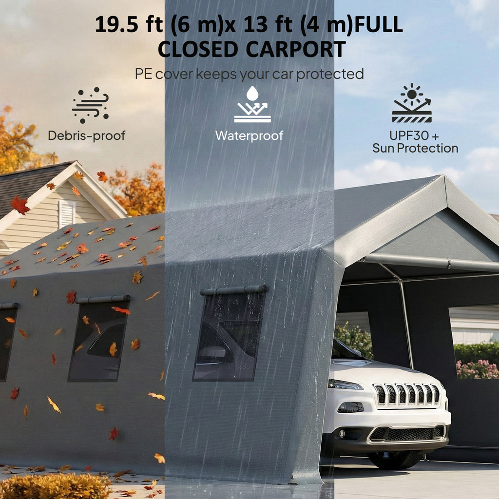 20 x 13 ft Carport, Portable Garage with Roll-Up Door and Windows, PE Canopy, Steel Frame, Dark Grey