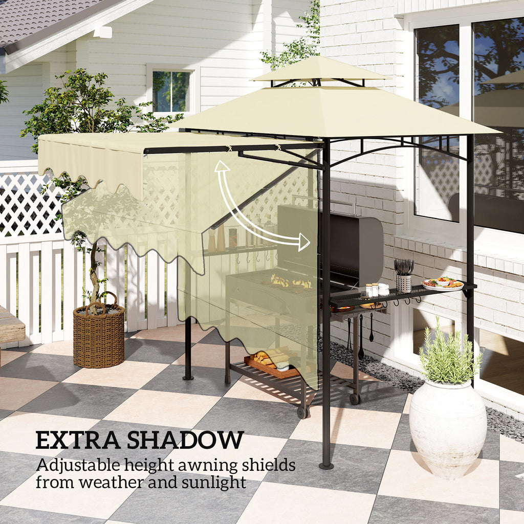 8' x 7.6' Grill Gazebo, Double Tiered Barbecue Grill Gazebo Shelter w/ Side Awning, 2 Side Shelves, 6 Hooks, Beige