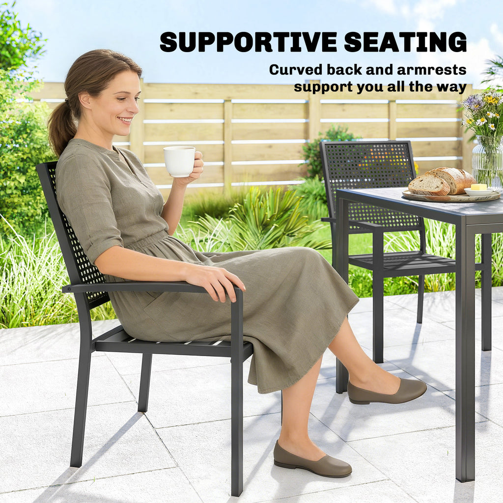 Stackable Patio Chairs Set of 2, Outdoor Dining Chairs with Faux Wicker Steel Mesh Back, Slatted Seat, Armrests, Black