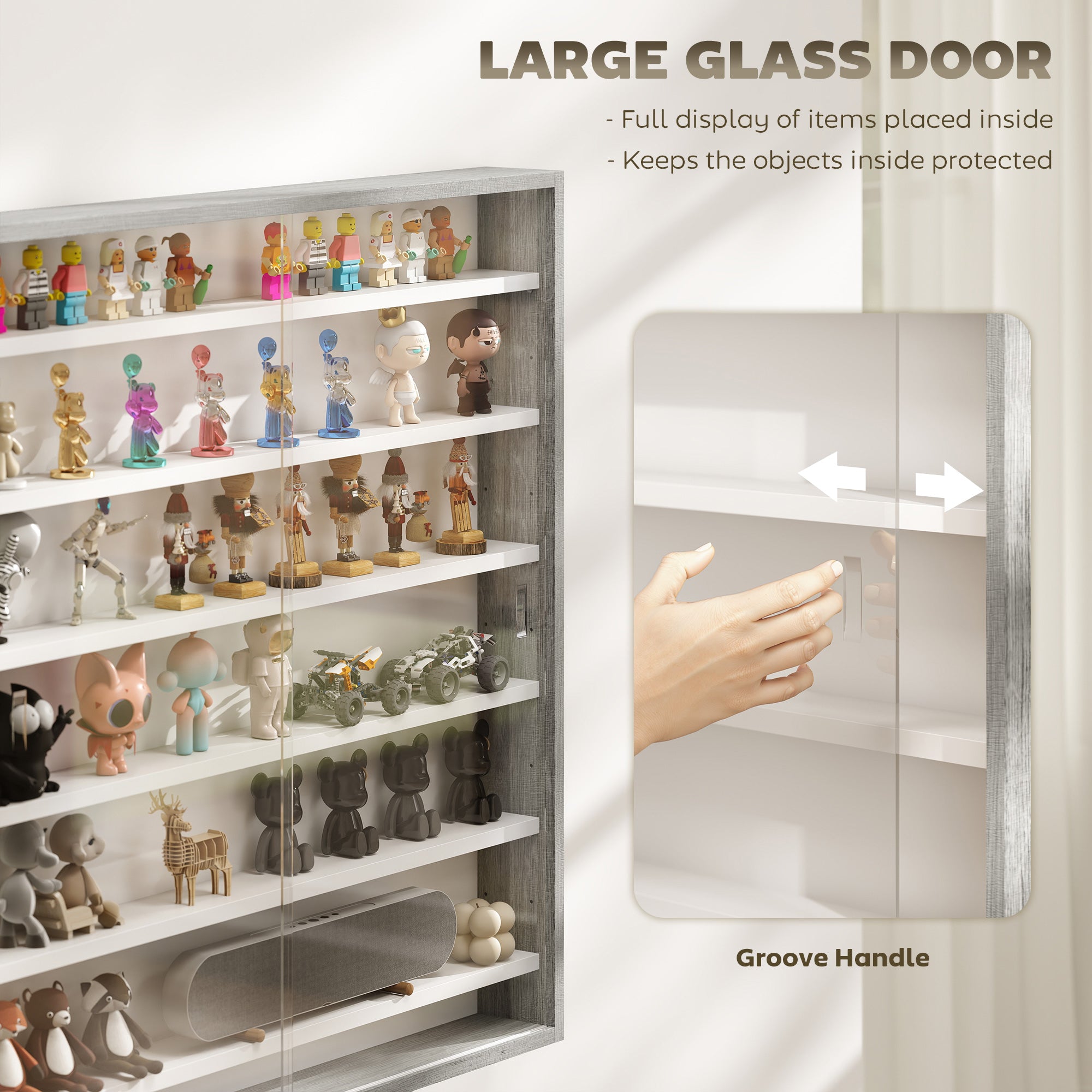 7-Tier Display Cabinet, Shot Glass Display Case, Glass Curio Cabinet with 2 Glass Doors and 6 Adjustable Shelves, Grey
