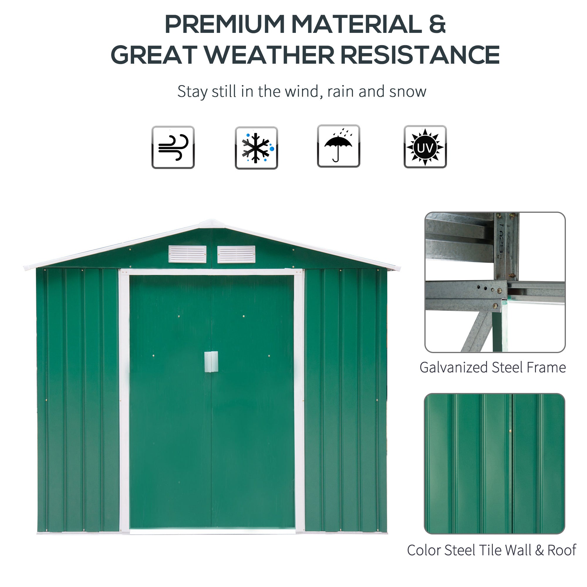 7' x 4' x 6' Garden Storage Shed Outdoor Patio Metal Tool Storage House w/ Foundation Kit and Double Doors Green