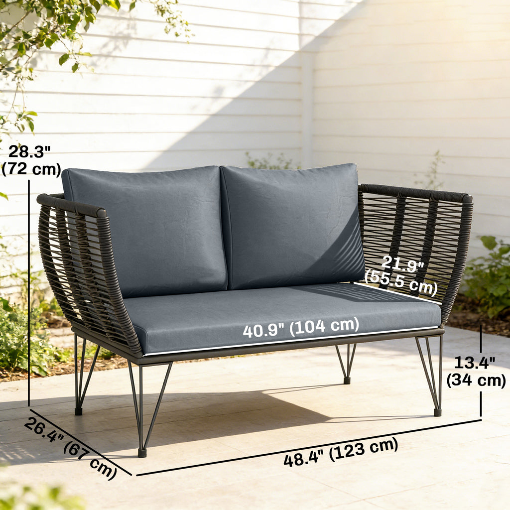 Outdoor Couch Patio Sofa with Cushions, 2 Seater Patio Furniture Loveseat with Galvanized Steel Frame, Light Grey