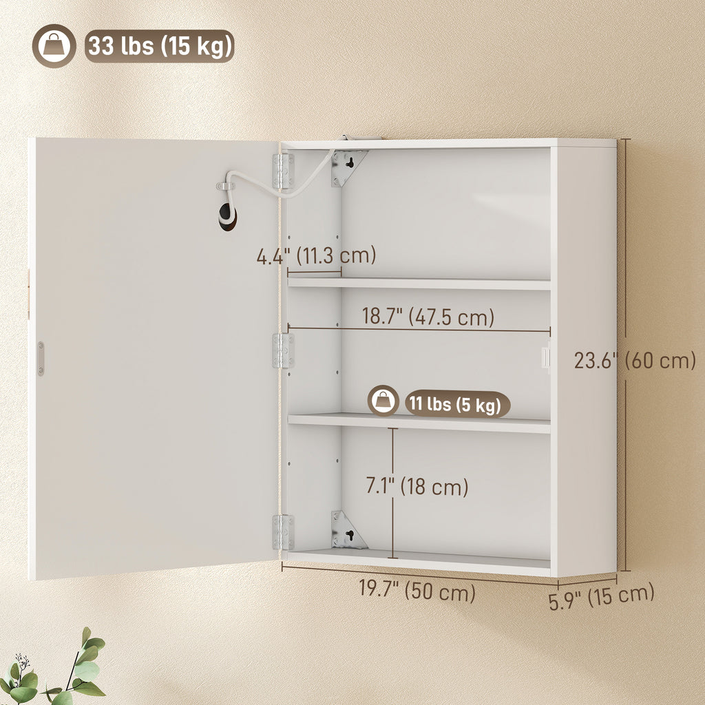 Bathroom Medicine Cabinet with Lights, Wall Mounted Mirror Cabinet with Demister Pad, Adjustable Shelves, White