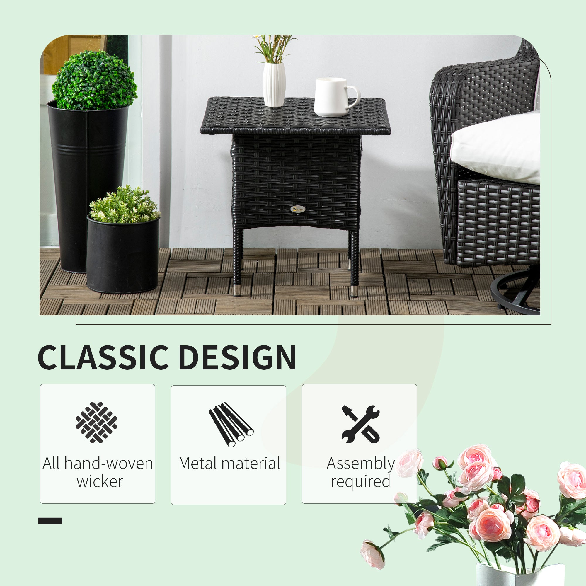 20" Patio Wicker Coffee Table, Outdoor Coffee Table with Plastic Board Underneath the Woven Tabletop for Patio, Garden, Balcony, Black