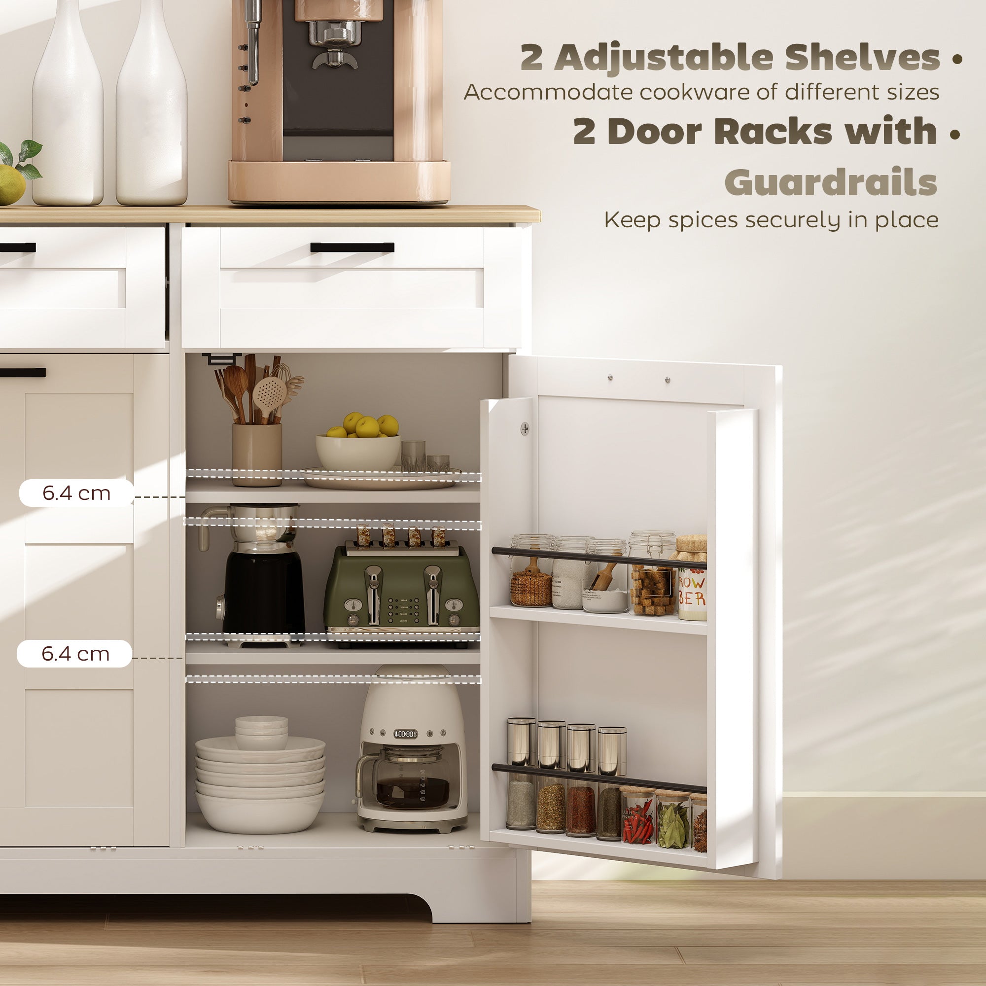 13 Gallon Tilt Out Garbage Cabinet, Kitchen Island with Trash Cabinet, 2 Drawers, Door Racks, Adjustable Shelves, White