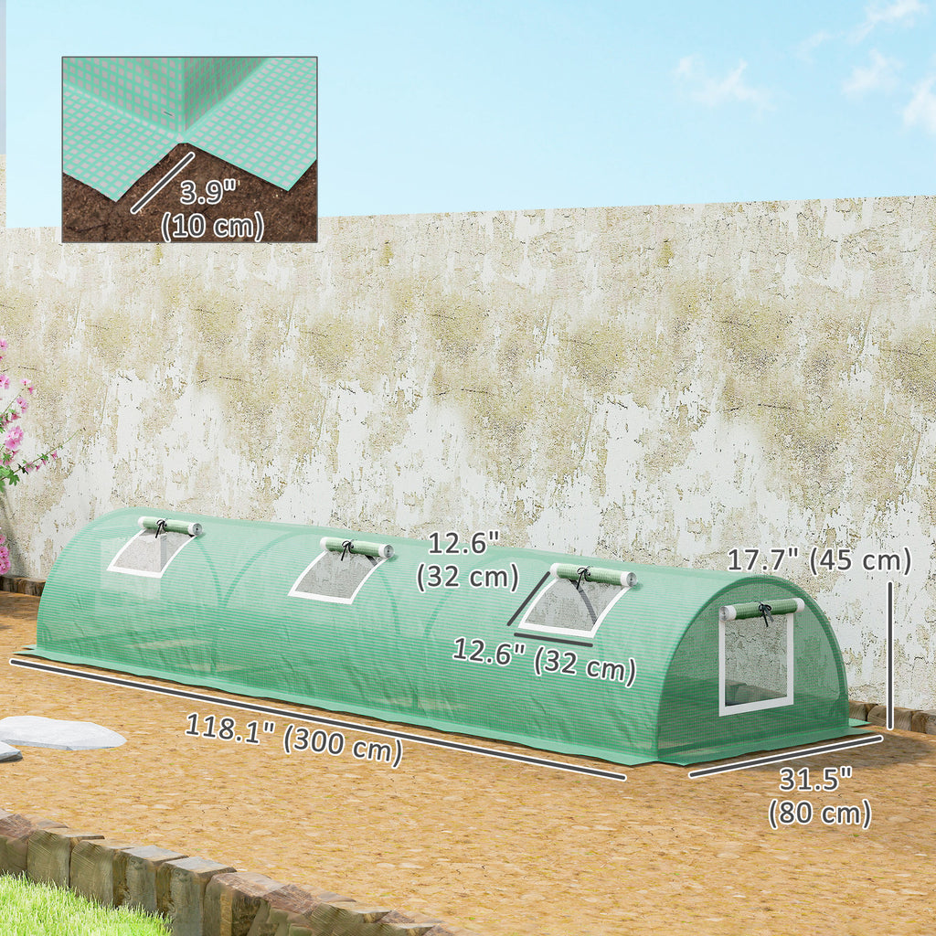 Portable Mini Greenhouse, Tunnel Growing Tent with 5 Mesh Windows and Steel Frame,10' x 3' x 2', Green