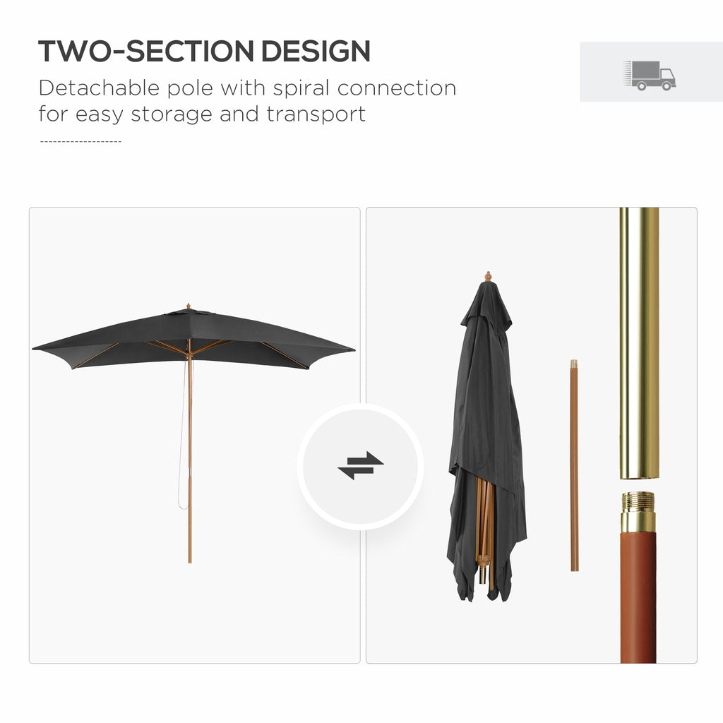 7' x 10' Wooden Patio Umbrella, Rectangle Garden Parasol, Outdoor Sunshade Canopy with Bamboo Ribs for Garden, Dark Grey