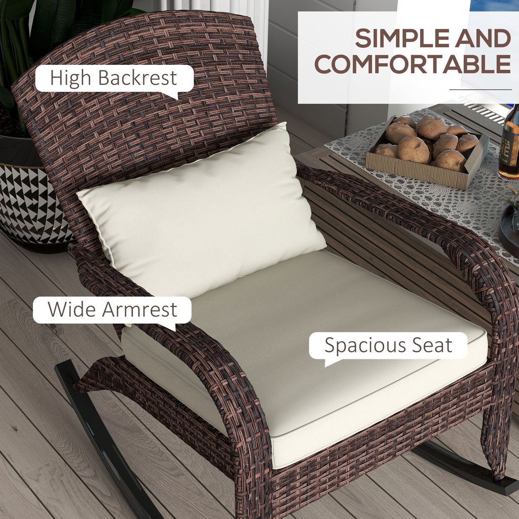 Adirondack Chair, Outdoor Wicker Rocking Chair with High Back, Seat Cushion and Pillow for Porch, Balcony, Cream/Brown