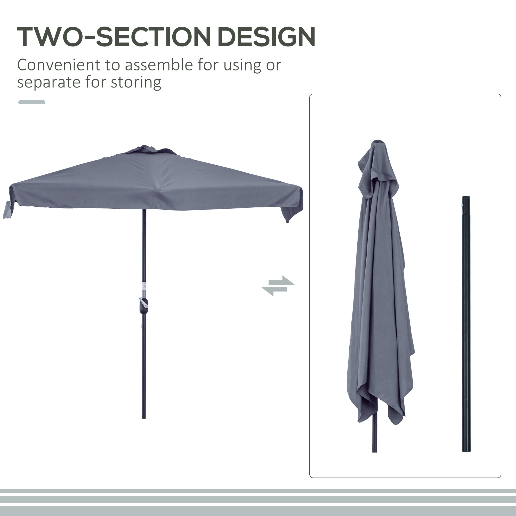 7.5ft Half Umbrella Semi Patio Parasol with Crank Handle, Top Vent for Garden, Balcony- NO BASE INCLUDED, Grey