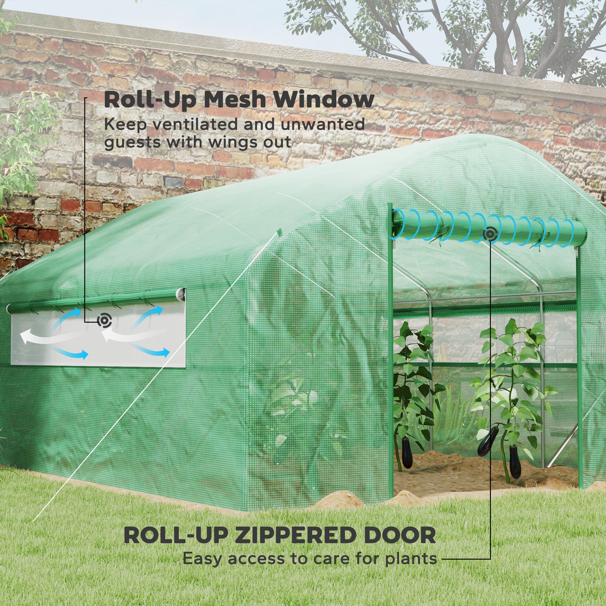 Walk-in Tunnel Greenhouse with Galvanized Steel Frame, Doors & Windows, Wind Resistant, Garden Planting Warm House, 13' x 10' x 6.5' , Green