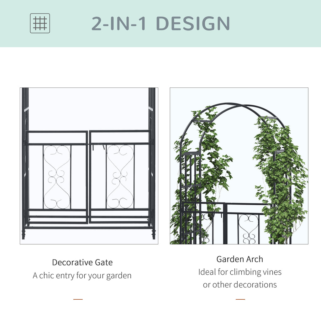 6.7 FT Steel Garden Arch with Gate Outdoor Courtyard Arbor for Climbing Vine Plants Lawn Backyard Decoration Dark Grey