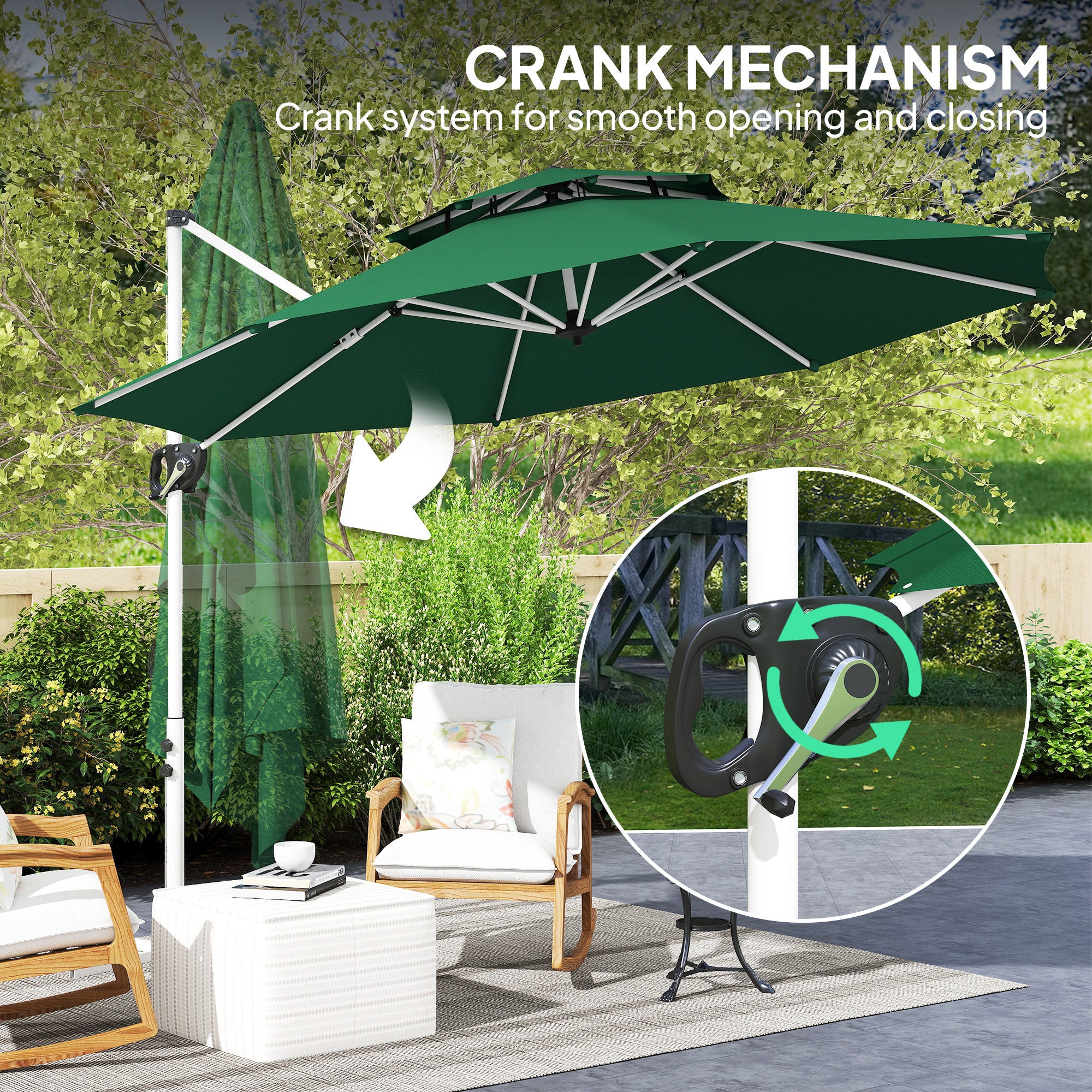 10 FT Cantilever Patio Umbrella with 360Â° Rotation & Adjustable Height, Cross Base, Crank and Tilt, Dark Green