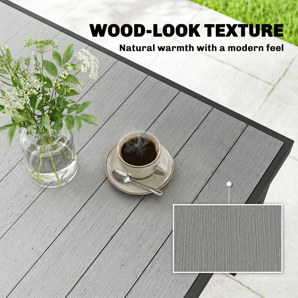 Rectangular Patio Table for 6, Outdoor Dining Table with Wood-Plastic Composite Top and Steel Frame for Garden, Grey