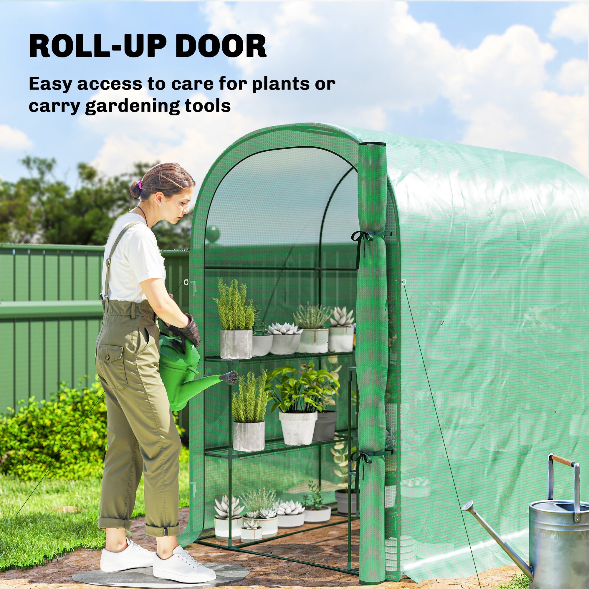 Walk-in Mini Greenhouse with Shelves, Portable Outdoor Greenhouse with Roll-up Door, 123 x 187 x 189 cm, Green