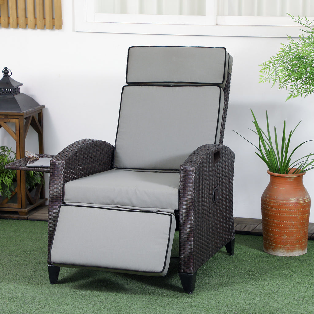Wicker Recliner Chair with Adjustable Backrest and Footrest, Washable Cushion, Side Tray, Light Grey