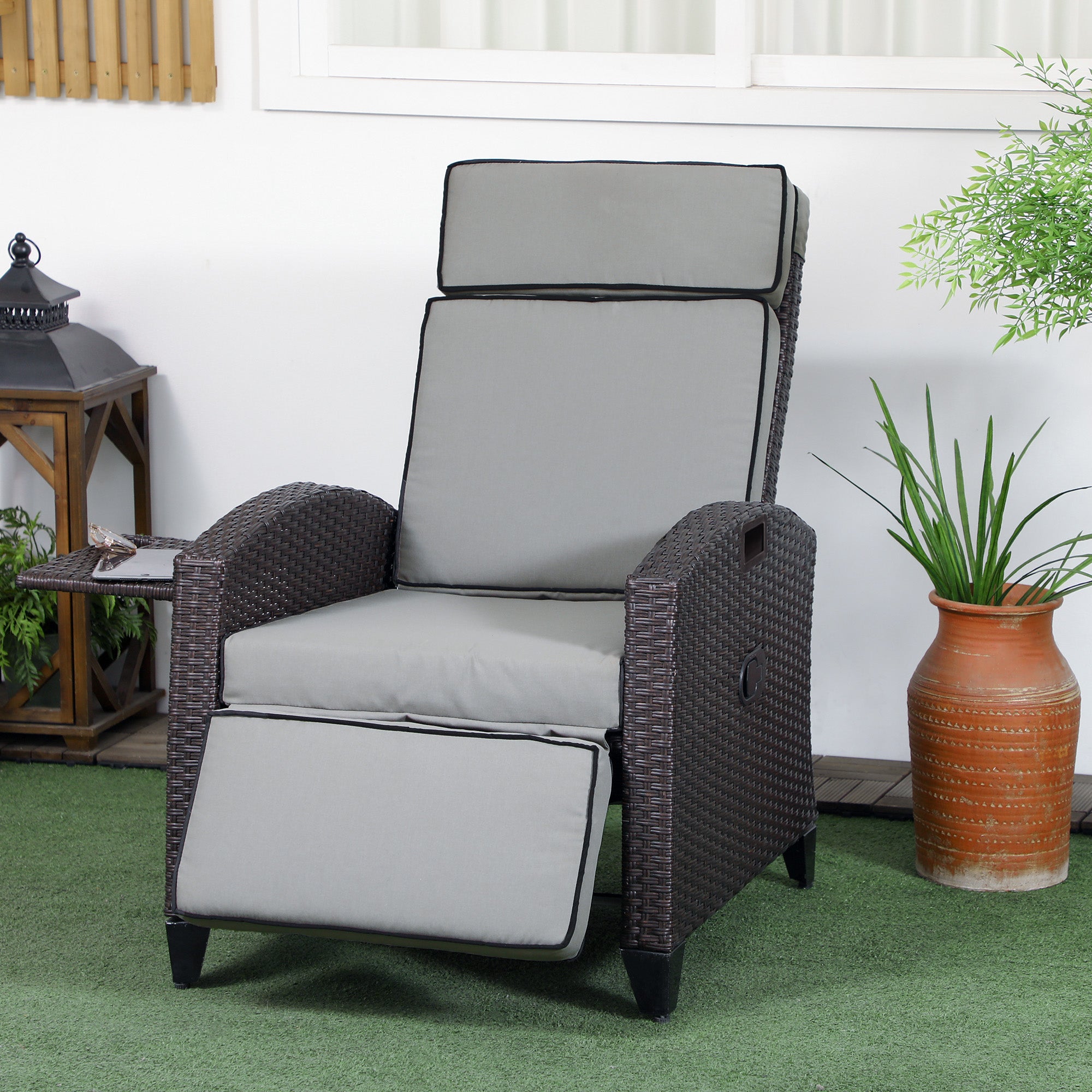 Wicker Recliner Chair with Adjustable Backrest and Footrest, Washable Cushion, Side Tray, Light Grey