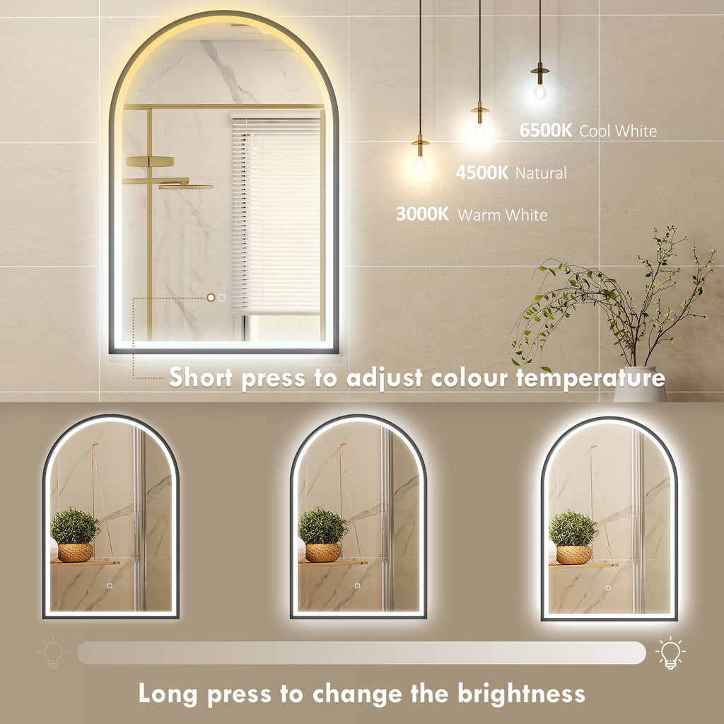 24" x 36" LED Bathroom Mirror, Arched Tempered Glass Wall Mirror, Anti-Fog, Dimmable, Memory Function, Black