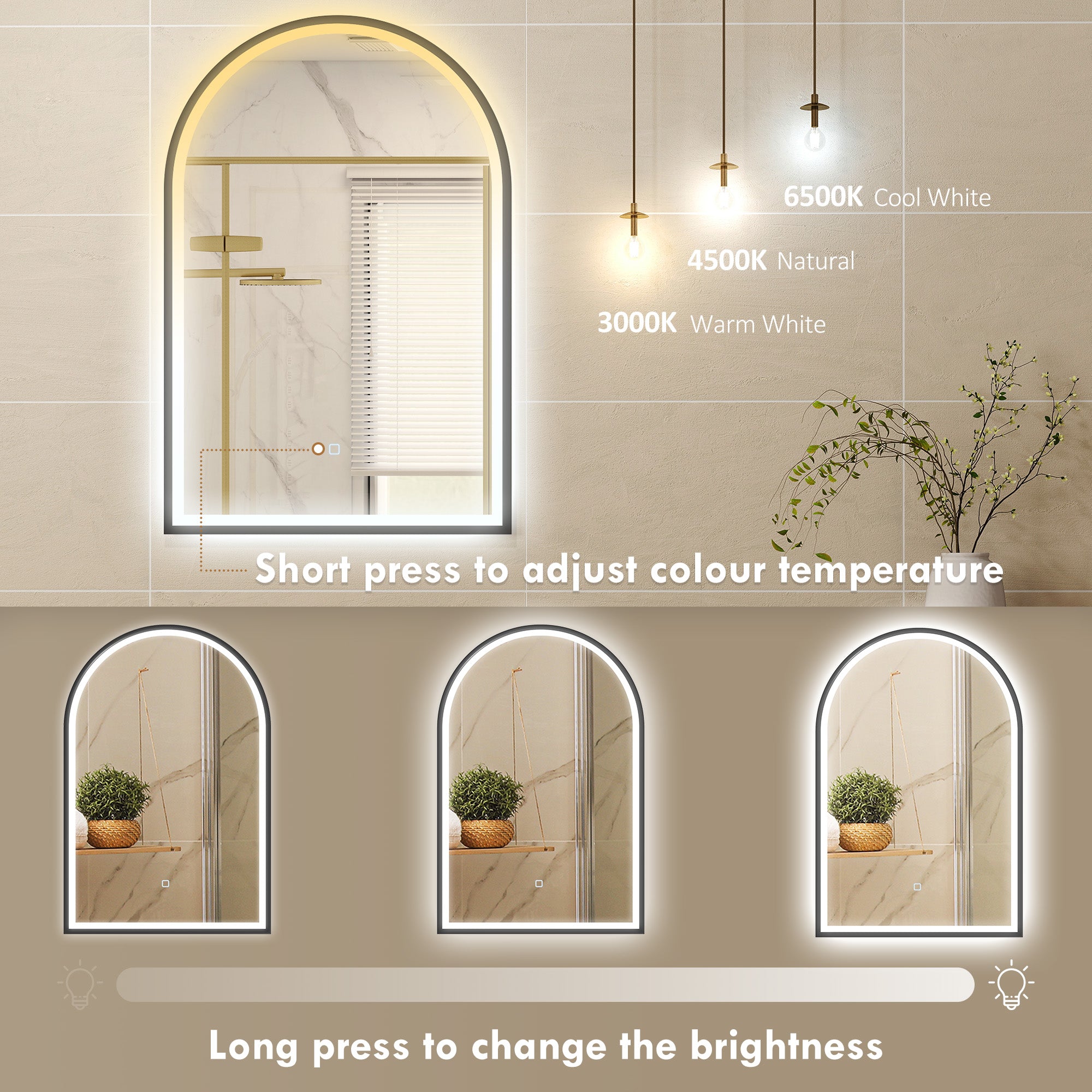 24" x 36" LED Bathroom Mirror, Arched Tempered Glass Wall Mirror, Anti-Fog, Dimmable, Memory Function, Black