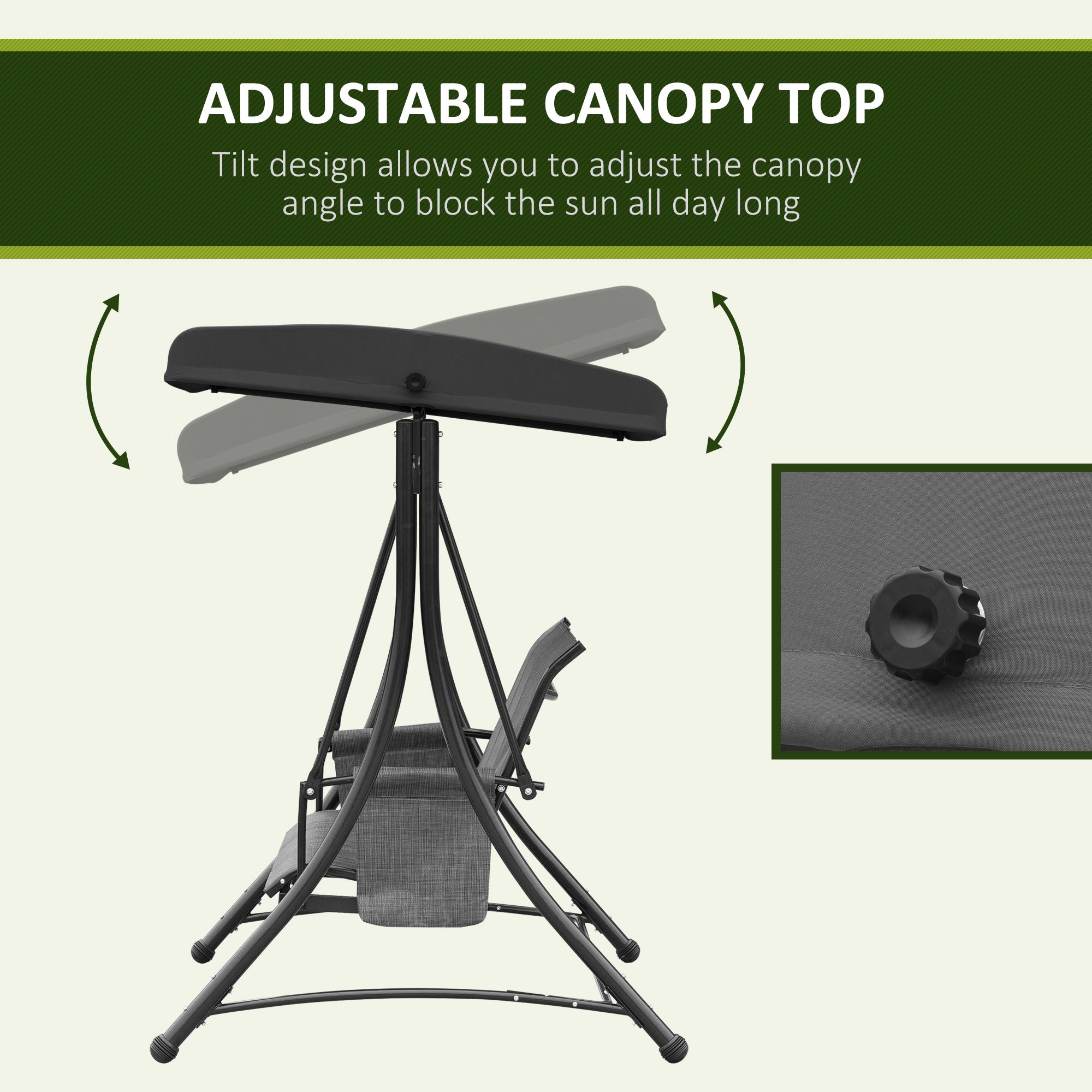 3 Person Outdoor Porch Swing Chair with Adjustable Canopy, Mixed Grey