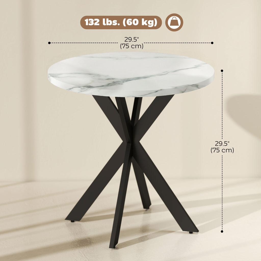 29" Dining Table, Contemporary Round Kitchen Table with Steel Legs, White Marble-Effect