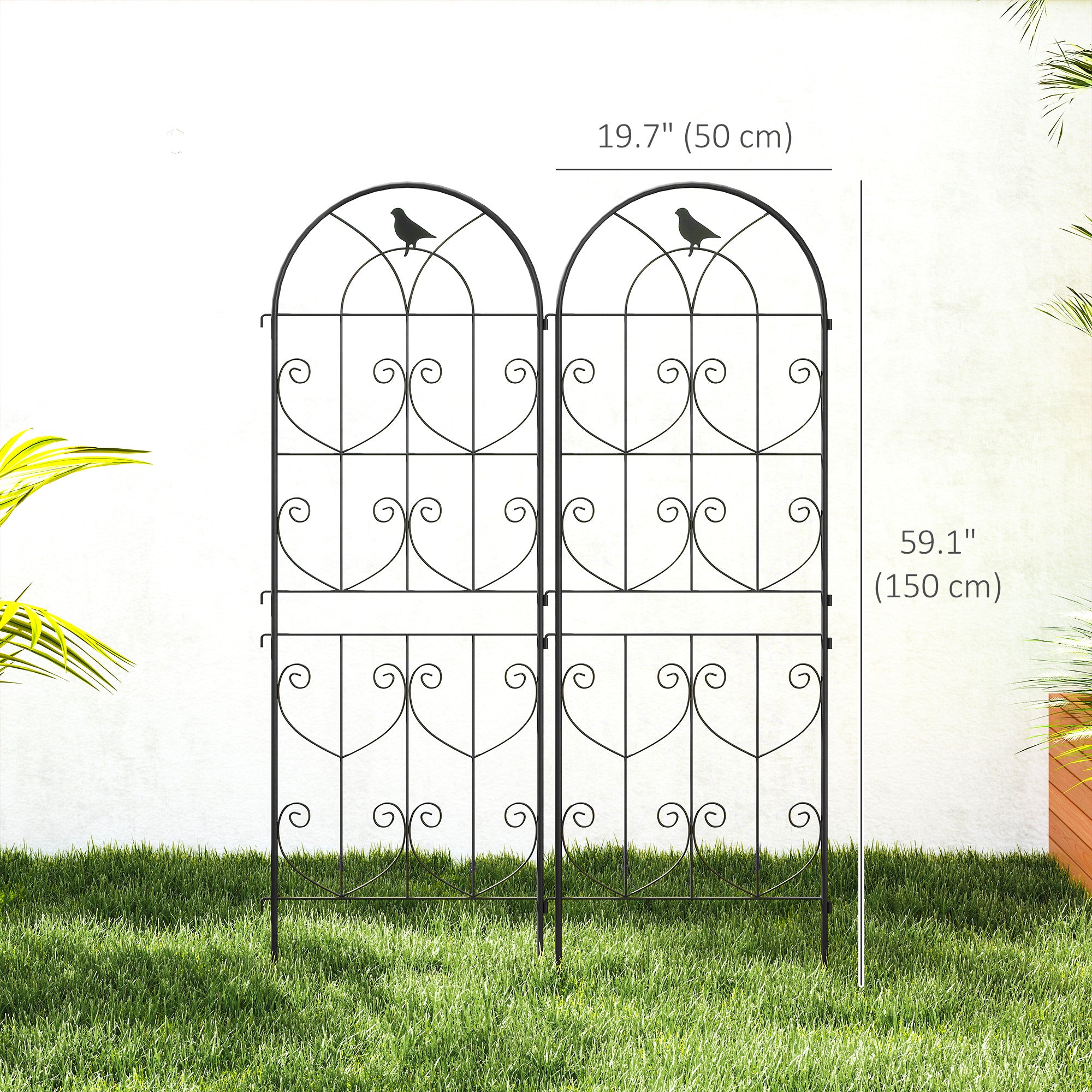 Set of 2 Metal Garden Trellis, Decorative Trellis Panels, Bird Design, 150 x 50 cm, Black