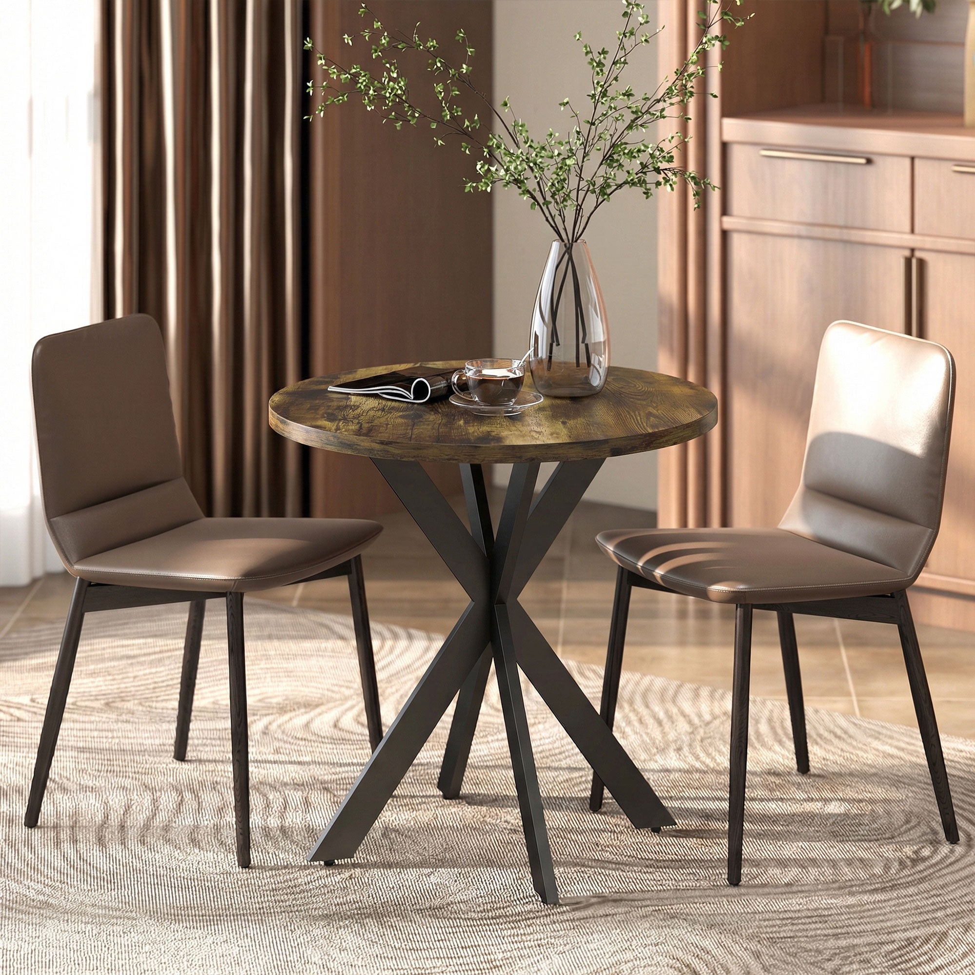 29" Dining Table, Contemporary Round Kitchen Table with Steel Legs, Rustic Brown
