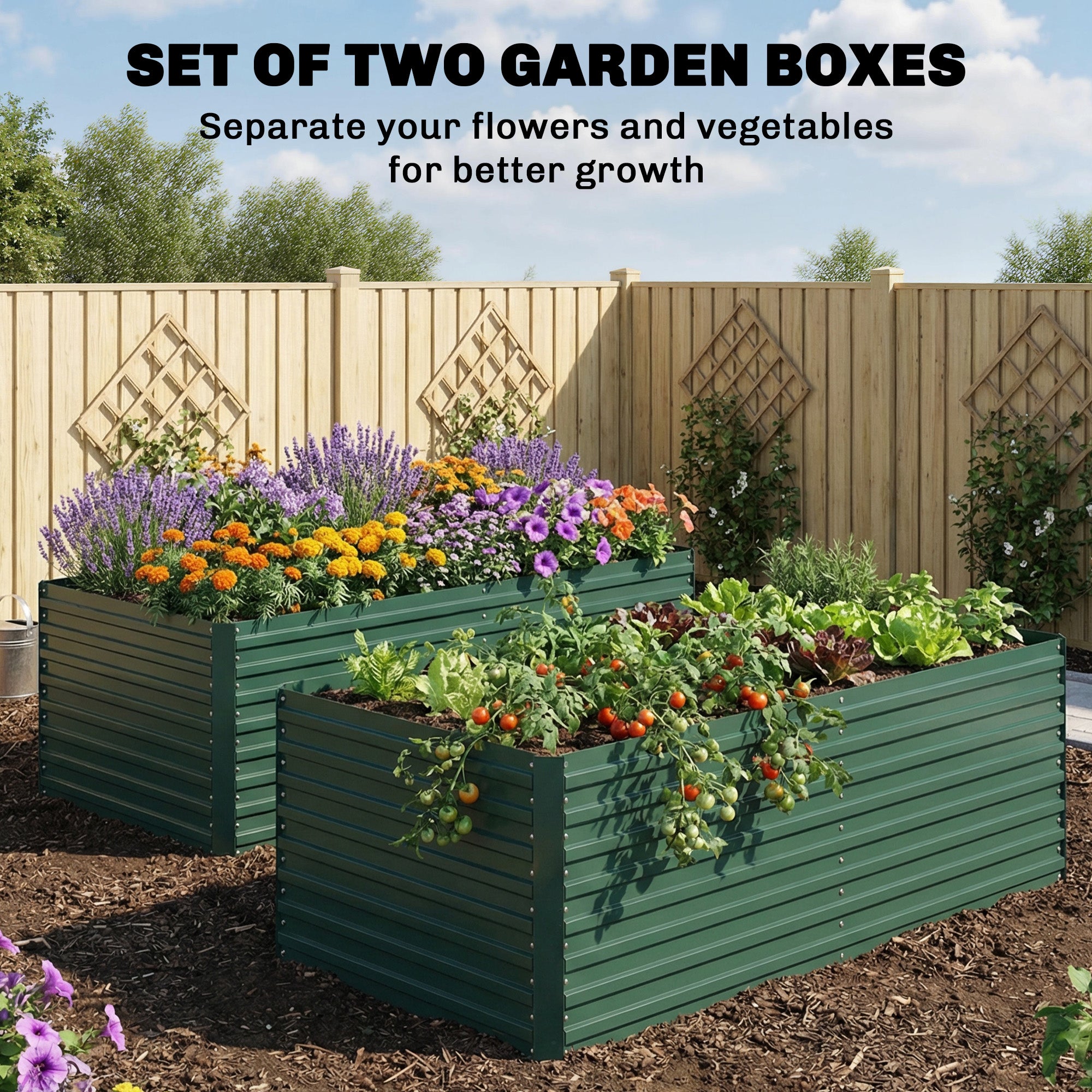 6' x 3' x 2' Raised Garden Bed, Set of 2 Galvanized Planter Box for Vegetables, Flowers, Herbs, Green