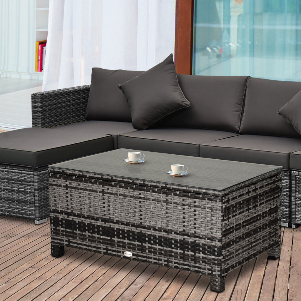 Outdoor PE Rattan Wicker Table, Patio Garden Side Table w/Glass Top for Patio, Balcony, Mixed Grey