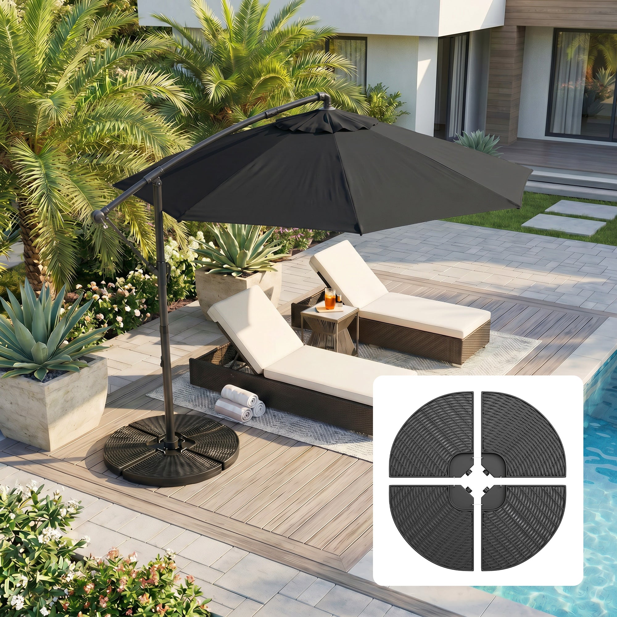 4PCs Cantilever Umbrella Base Weights for Offset Banana Parasol, Wicker Effect HDPE Water or Sand Filled Patio Umbrella Weights with Built-in Handles, Black