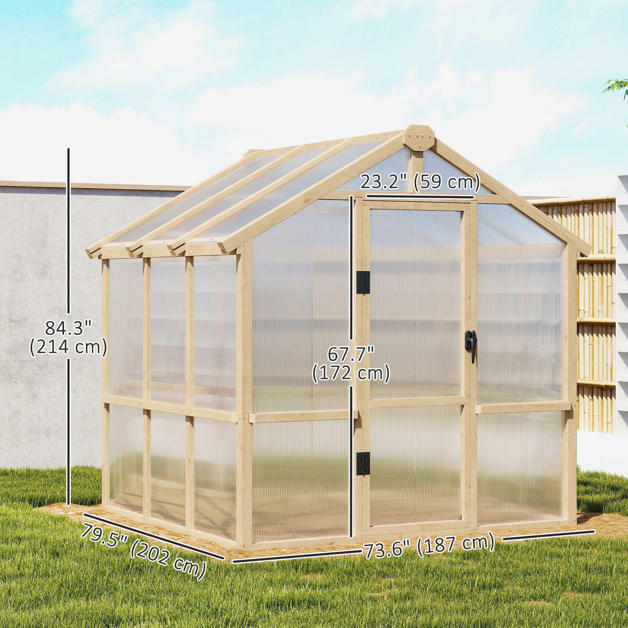 6.6 x 6ft Polycarbonate Greenhouse Wooden Green House with Thickened Polycarbonate Sheets, Lockable Door, Brown
