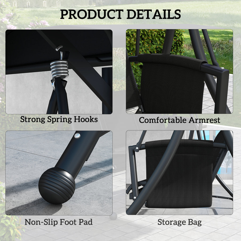 3 Person Outdoor Porch Swing Chair with Adjustable Canopy, Black