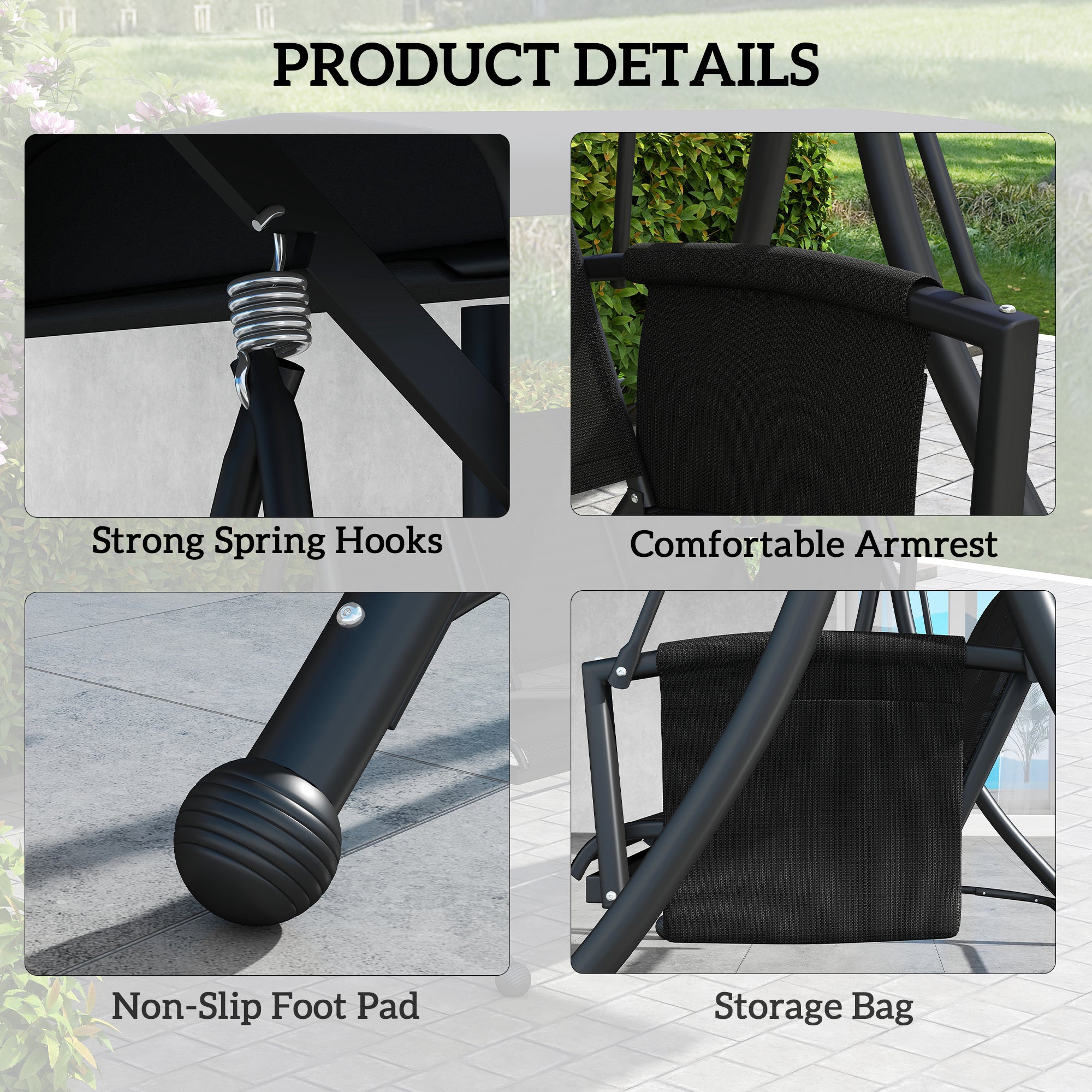 3 Person Outdoor Porch Swing Chair with Adjustable Canopy, Black