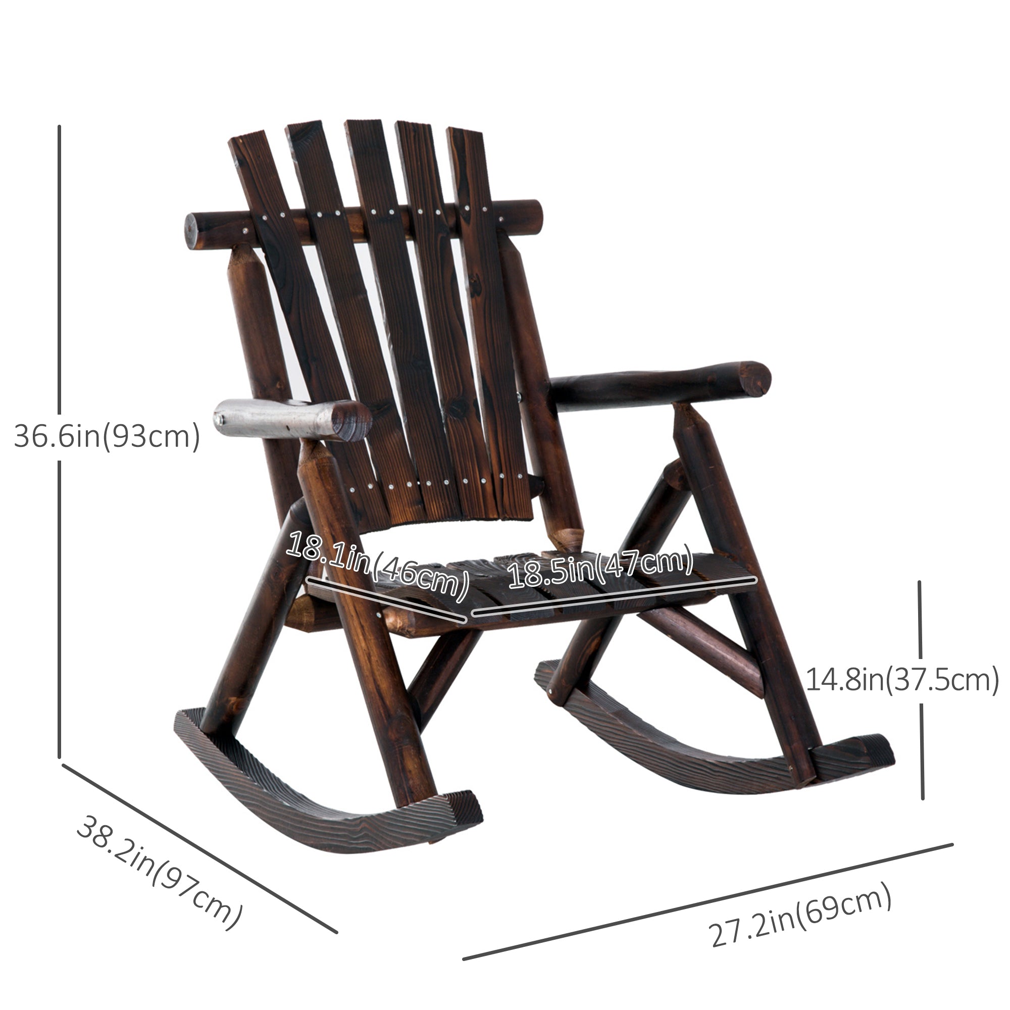 Outdoor Rocking Chair, Wooden Adirondack Outdoor Rocker with High Back, Slatted Seat, Oversized Rustic Patio Rocking Chair for Garden, Porch, Yard, Balcon, Dark Carbonized