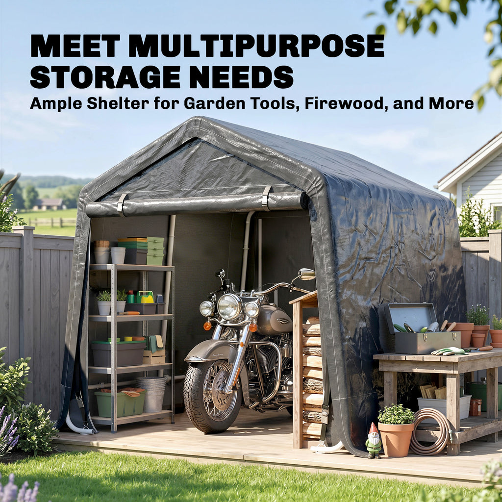 9.2' x 7.9' Garden Storage Tent, Patio Storage Shelter w/ Metal Frame and Double Zipper Doors, Dark Grey