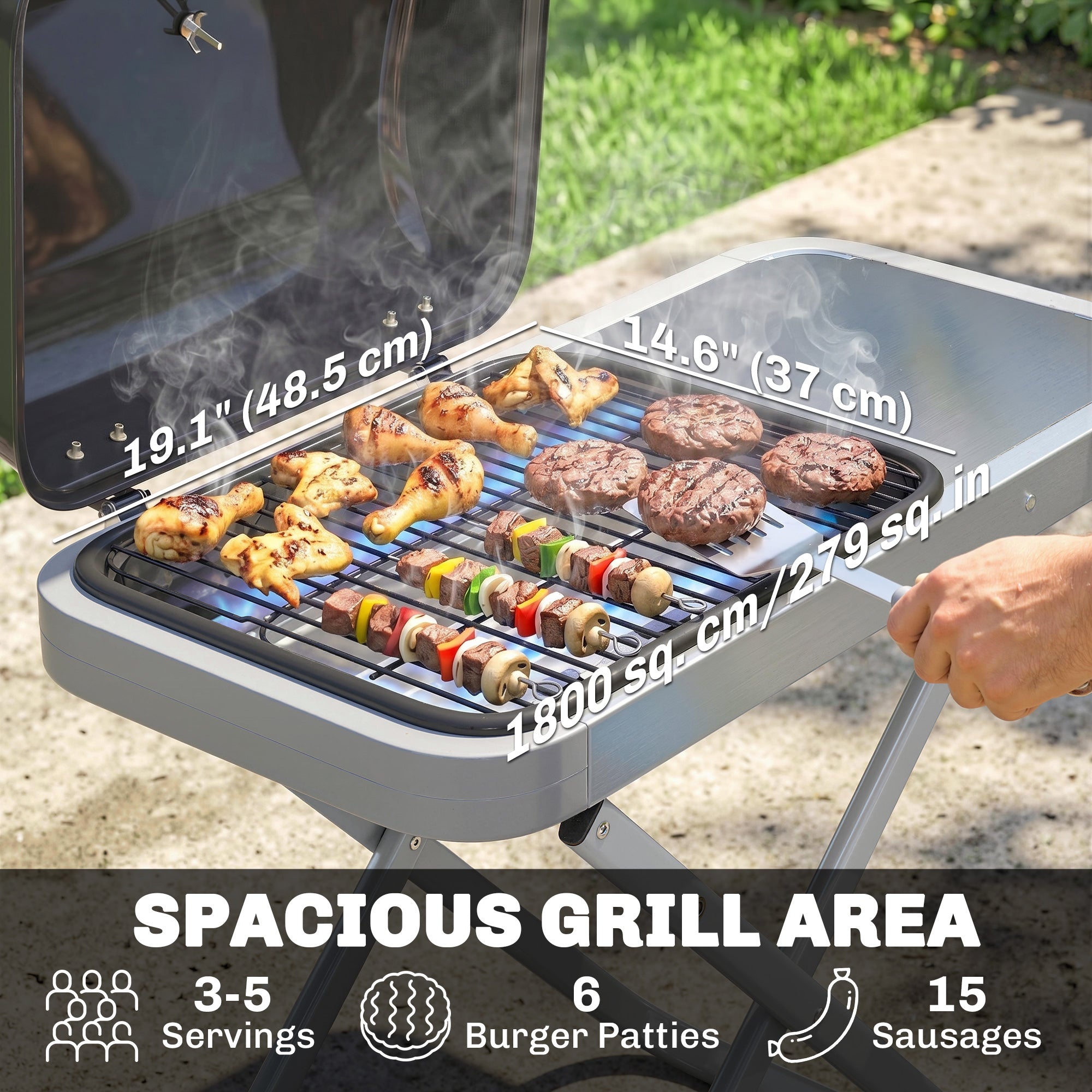 Portable Propane Gas BBQ Grill with Foldable Cart, Wheels, 9500 BTU Gas Barbecue Grill with Piezo Ignition Burner, Black