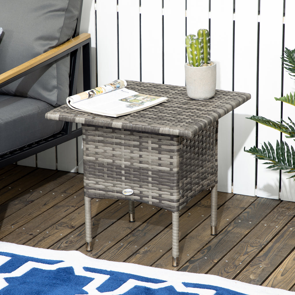 20" Patio Wicker Coffee Table, Outdoor Coffee Table with Plastic Board Underneath the Woven Tabletop for Patio, Garden, Balcony, Mixed Grey