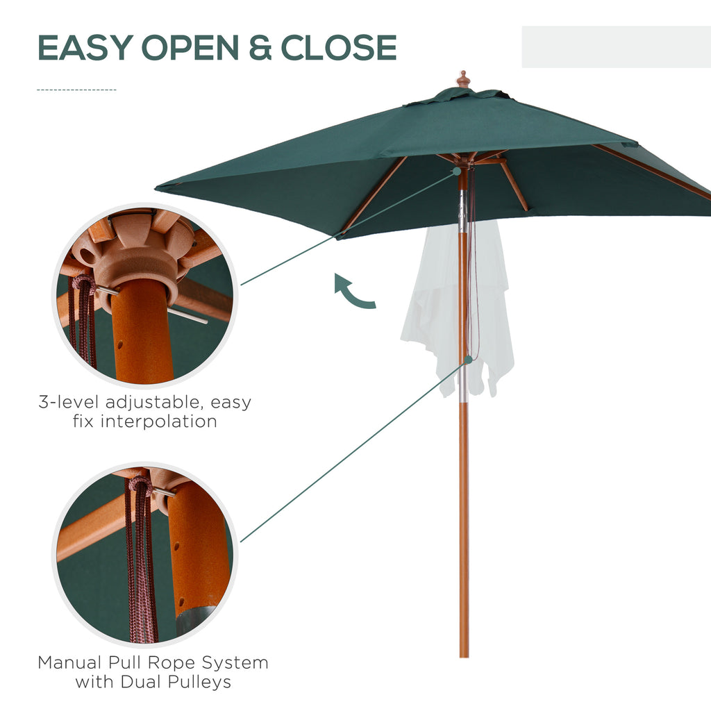 6.6x5ft Square Market Parasol, Wooden Patio Umbrella with Tilt Mechanism and 6 Bamboo Ribs, Garden Sunshade, Green