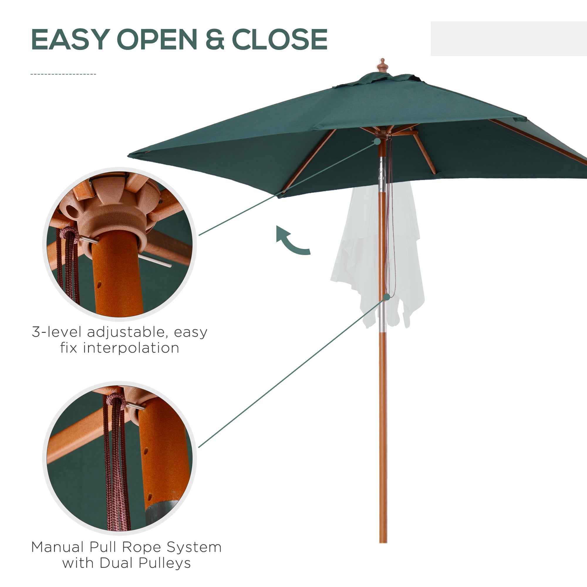 6.6x5ft Square Market Parasol, Wooden Patio Umbrella with Tilt Mechanism and 6 Bamboo Ribs, Garden Sunshade, Green