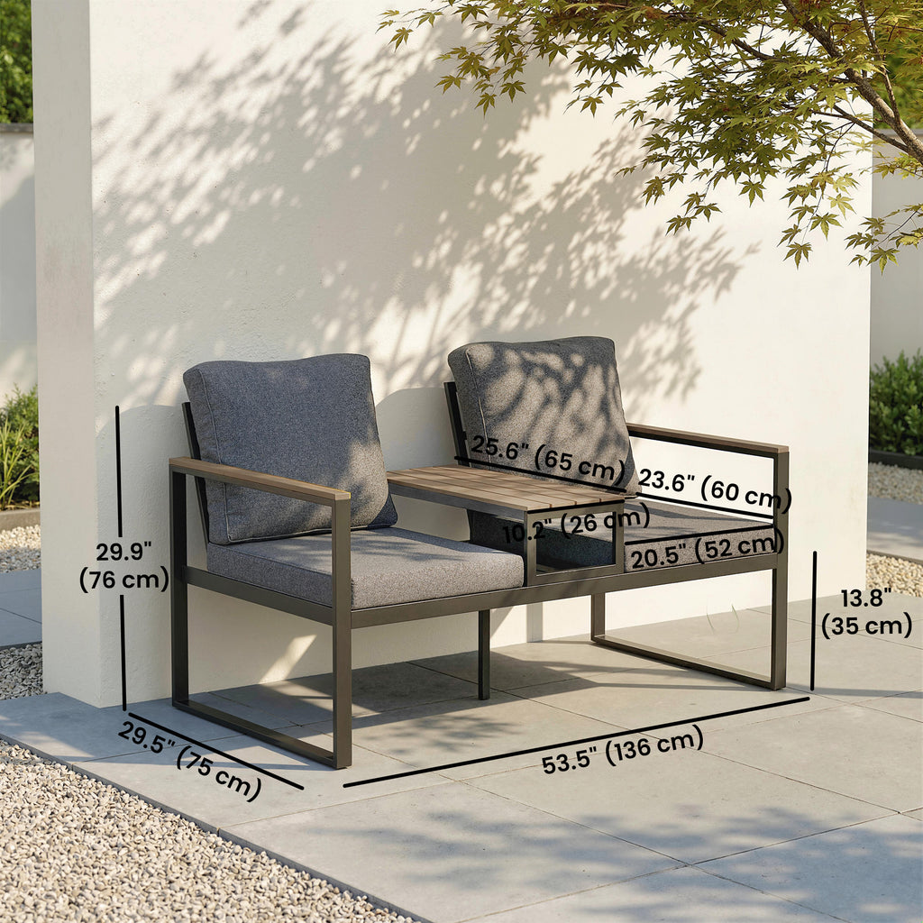 Outdoor Garden Bench with Integrated Table, 2 Seater Patio Loveseat with Thick Cushions, 136 cm Grey