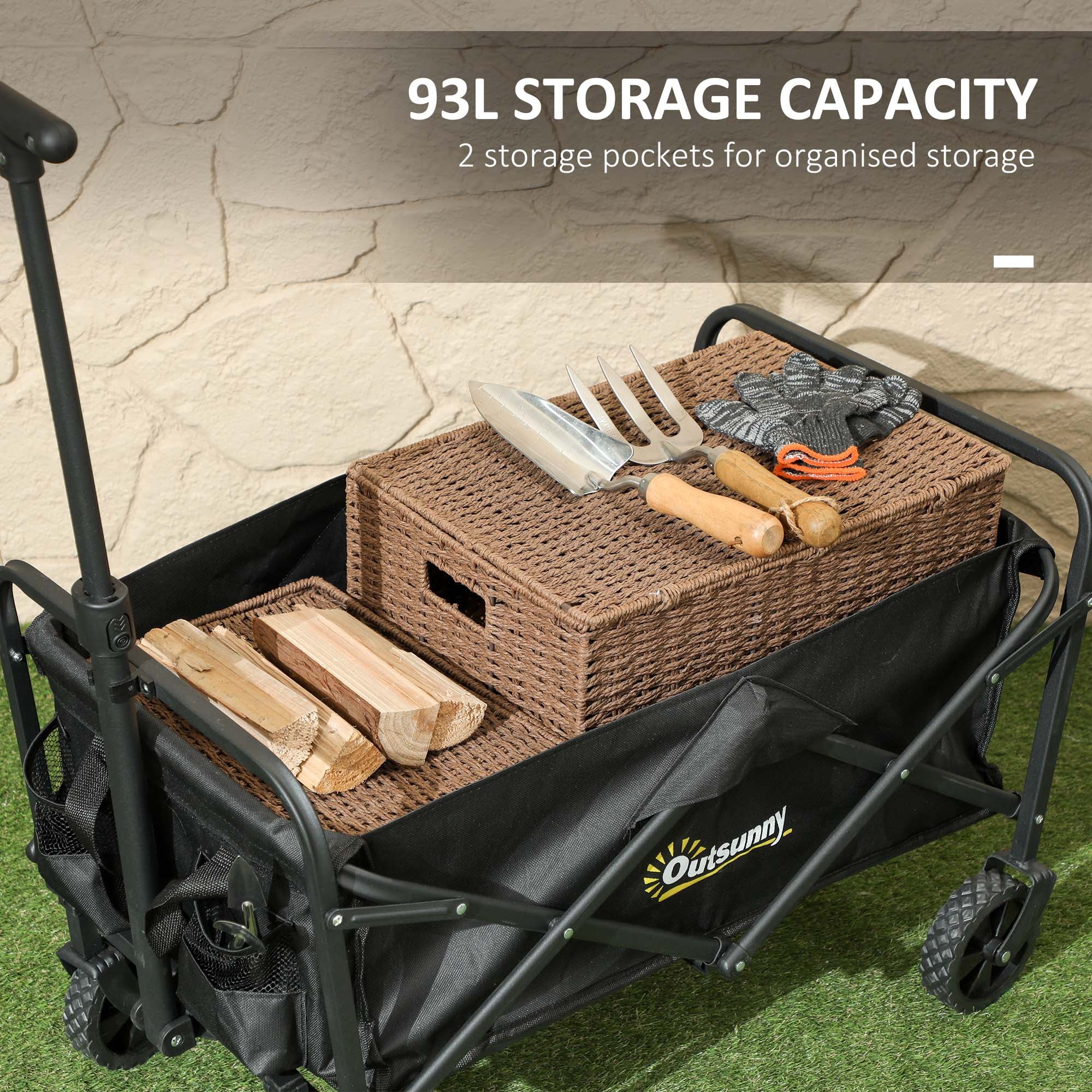 Collapsible Folding Garden Cart, Heavy Duty Lawn Wagon with Universal Wheels and Adjustable Handle, Black