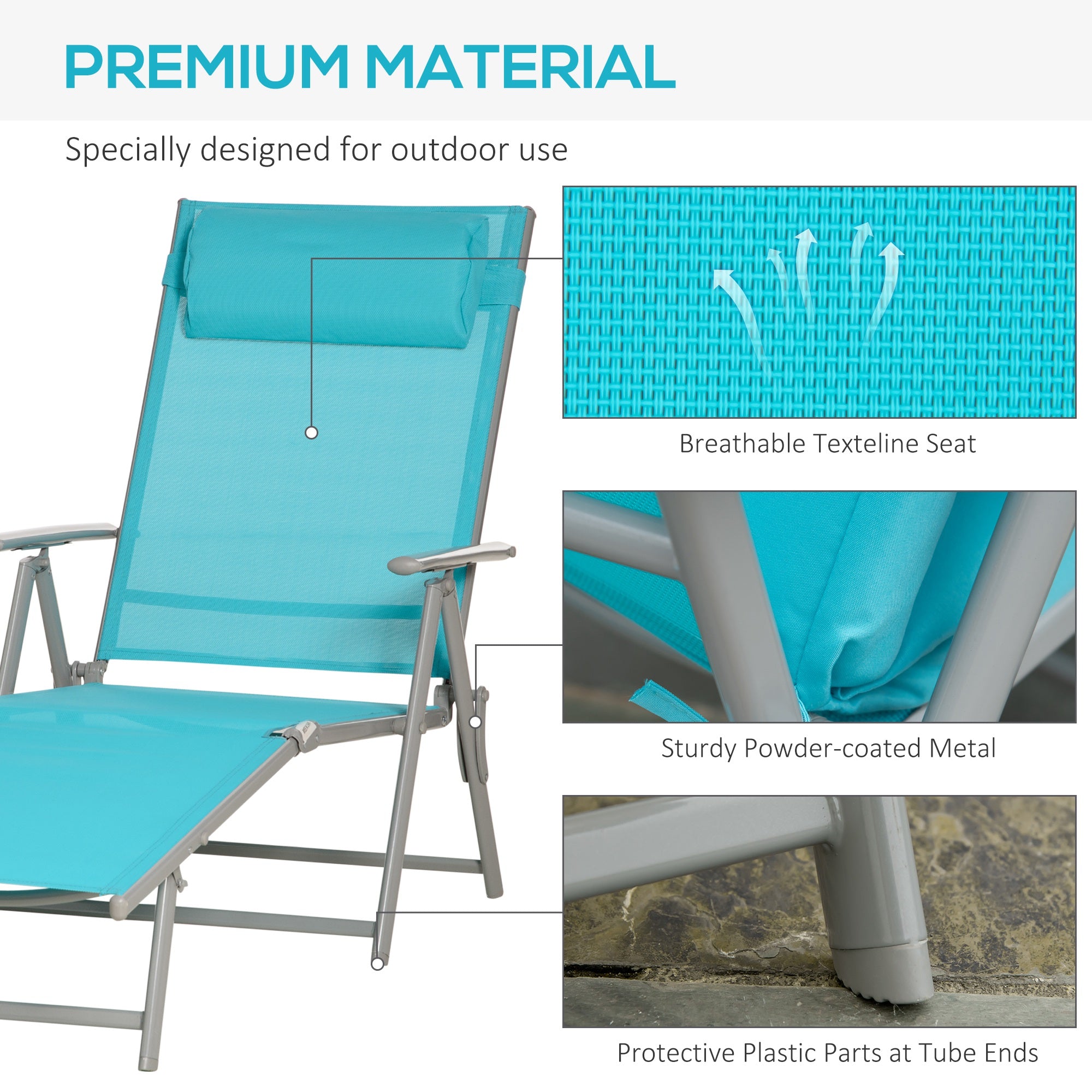 Lounge Chair Outdoor, Folding Patio Chaise Lounger, 360 lbs 7-Position Adjustable Back Outdoor Recliner with Cushion, Headrest for Garden, Backyard, Poolside, Blue