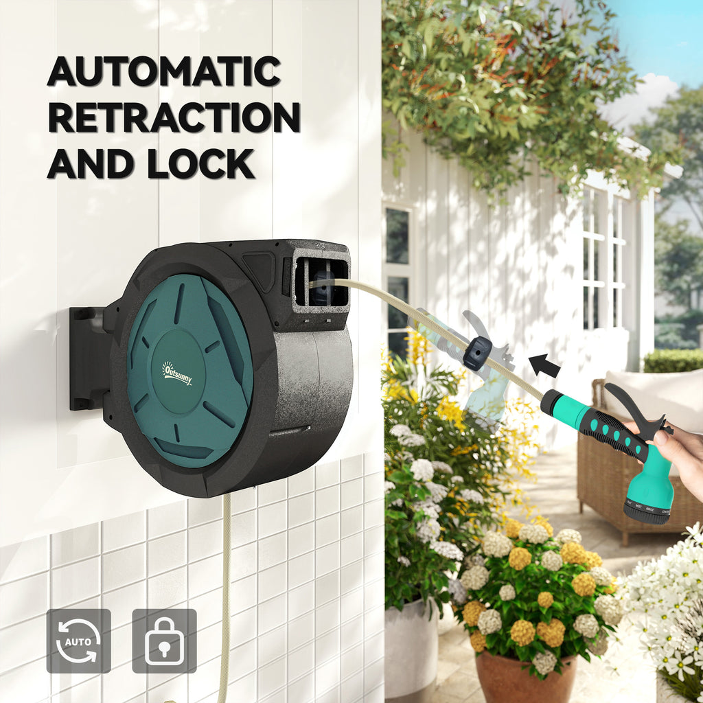 1/2 in x 65ft Wall Mounted Garden Hose Reel, Retractable Water Hose Reel with Auto Rewind, Any Length Lock, Blue
