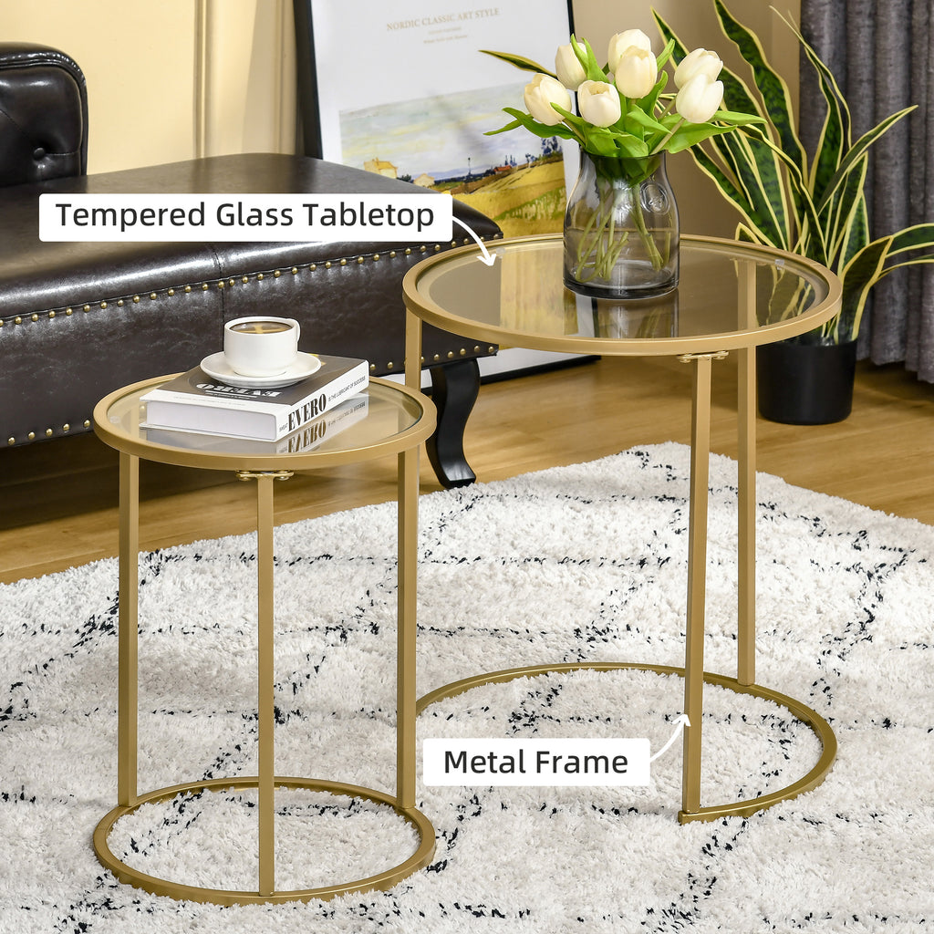 Set of 2 Nesting Coffee Tables with Metal Base, Round Side Table with Tempered Glass Tabletop for Living Room, Bedroom, Gold