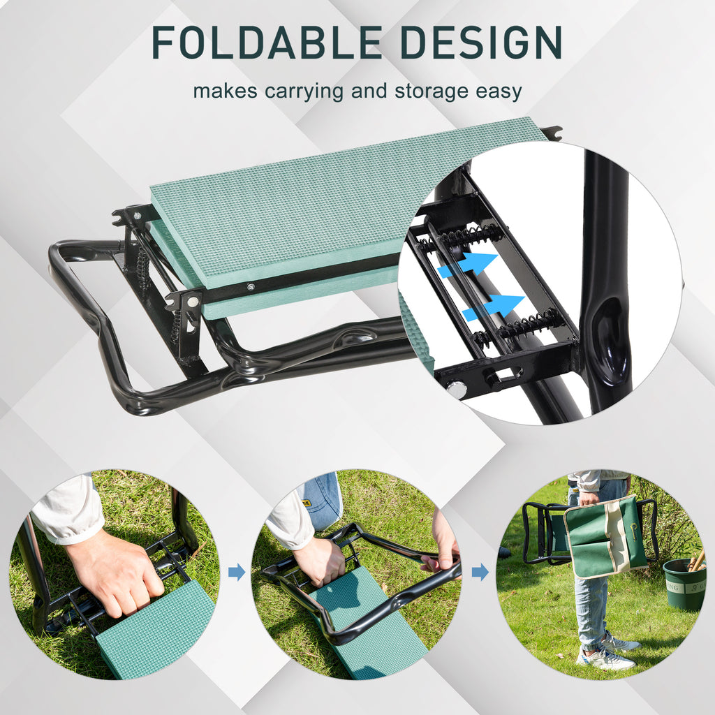 Garden Kneeler and Seat, Foldable Gardening Stool Bench with Thick EVA Foam Kneeling Pad and Large Tool Pouch, Green