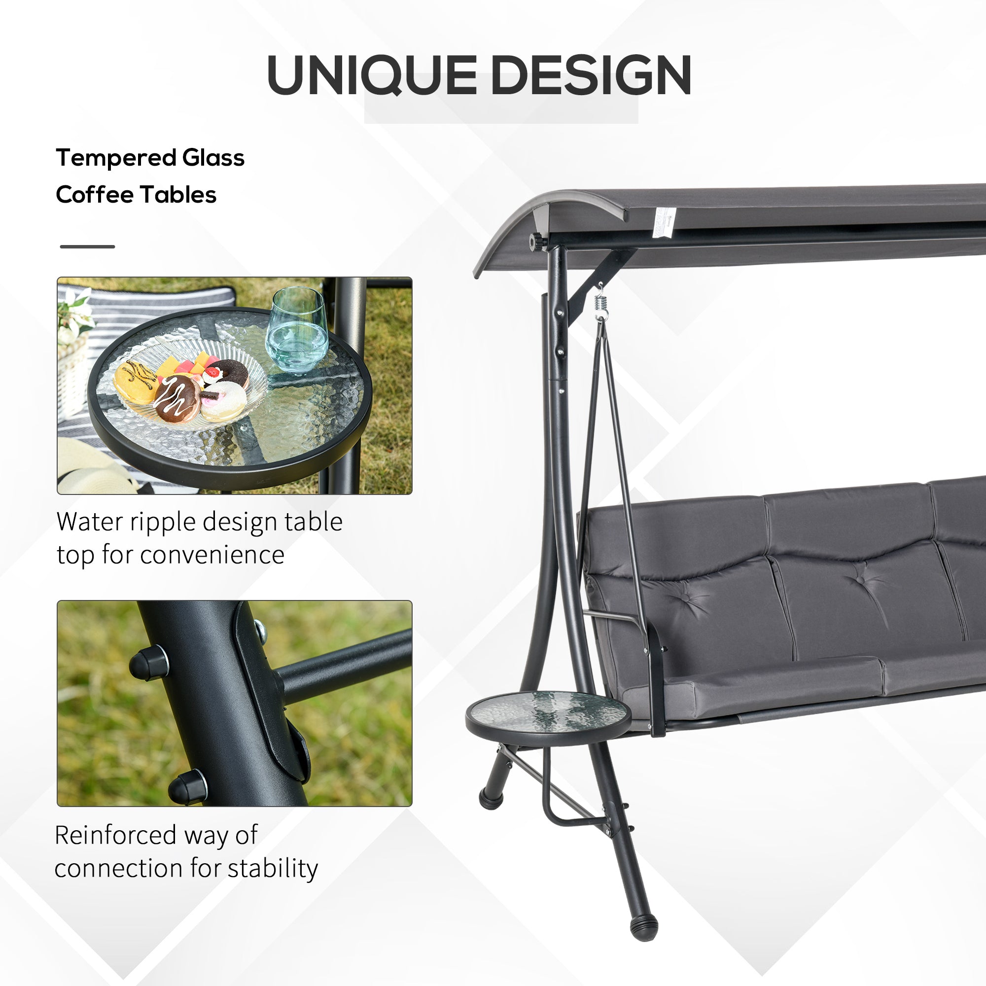 3 Seat Outdoor Swing Chair Steel Swing Bench Porch Swing With Adjustable Canopy, Coffee Tables and Cushion for Patio Garden, Dark Grey