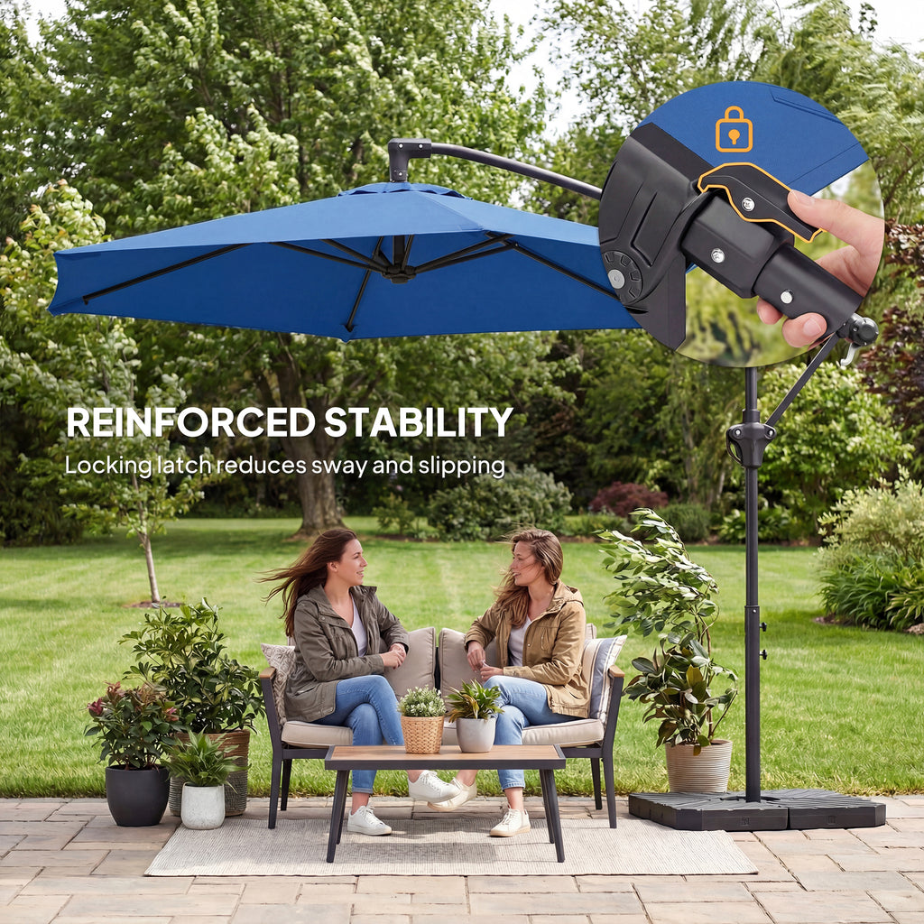 9.7 ft Offset Patio Umbrella with Water/Sand Fillable Weights, Garden Hanging Parasol with Locking Latch, Navy Blue