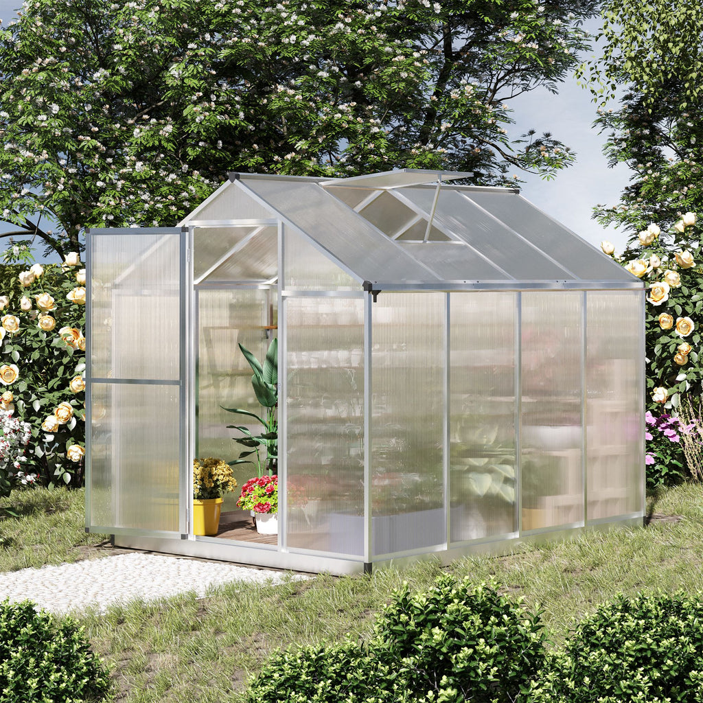 6' x 8' x 6.4' Polycarbonate Greenhouse, Aluminum Walk-In Green House Kit Garden, Plants Grow with Rain Gutter and Roof Vent, Silver