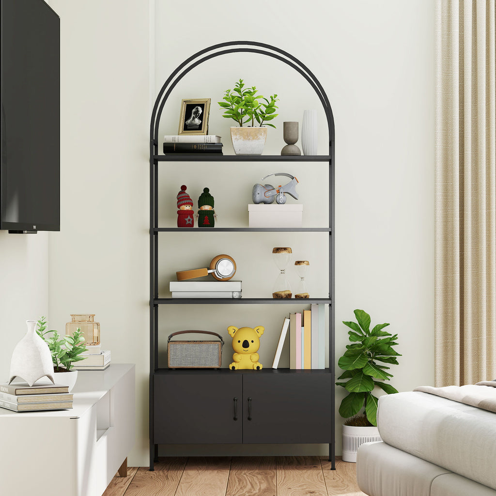 4-Tier Arched Shelving Unit with Cabinet, Bookshelf for Living Room, Office, 31.5" x 11.8" x 73.6", Black
