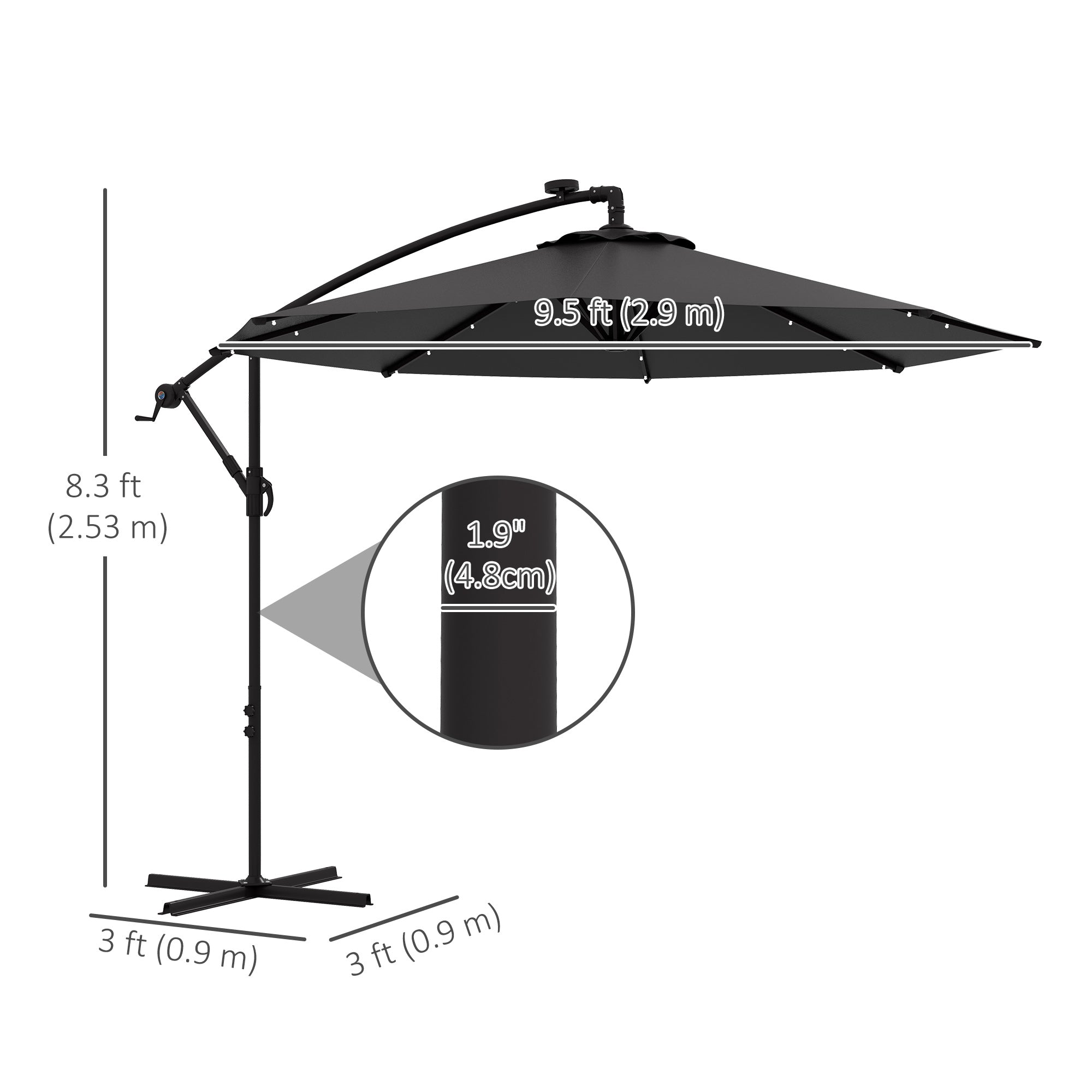 9.5' Offset Patio Umbrella Garden Parasol with Solar LED Lights and Weights, Dark Grey